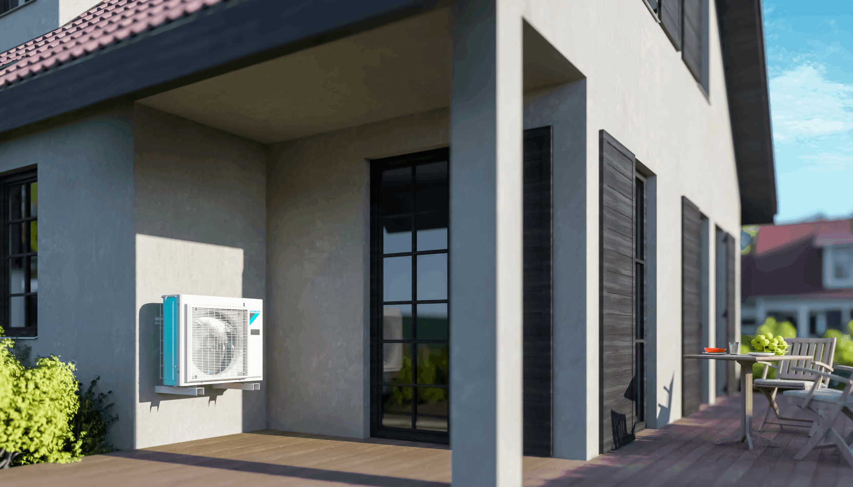 Montaj discret unitate externă Daikin Altherma ERLA14DW în curtea unei case moderne