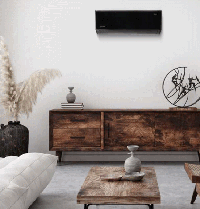 Rotenso Teta Mirror — design negru mat montat în living room modern